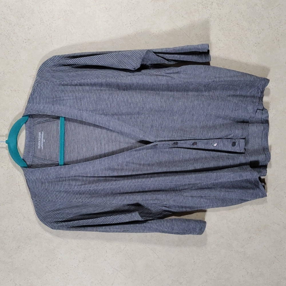 8160 Eileen Fisher gray & white striped 3/4 sleeve cardigan S NWT